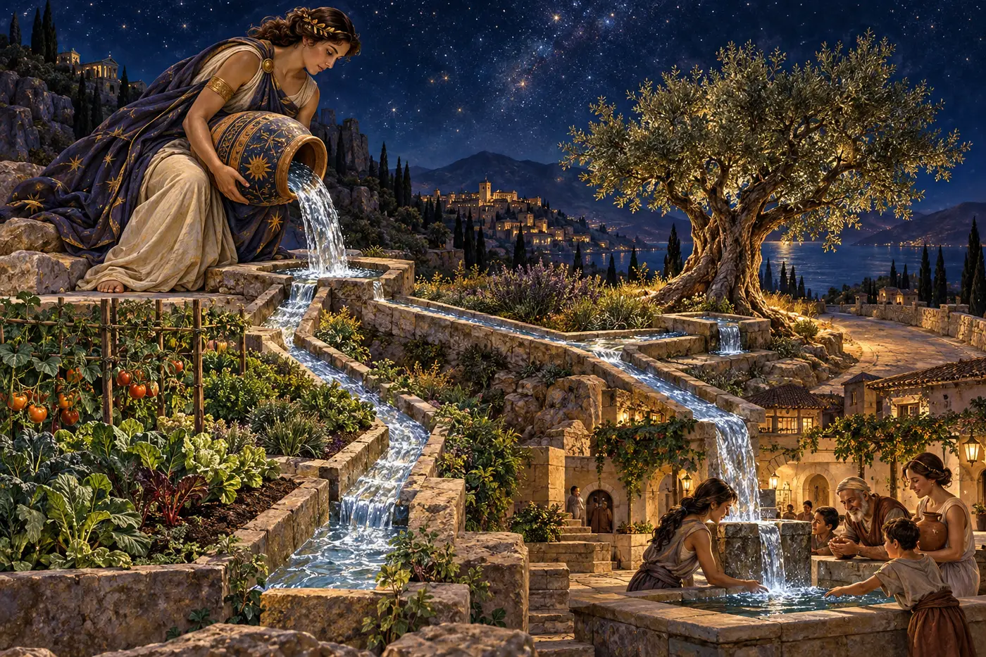 A water bearer pours into channels feeding a garden, tree, and shared courtyard.