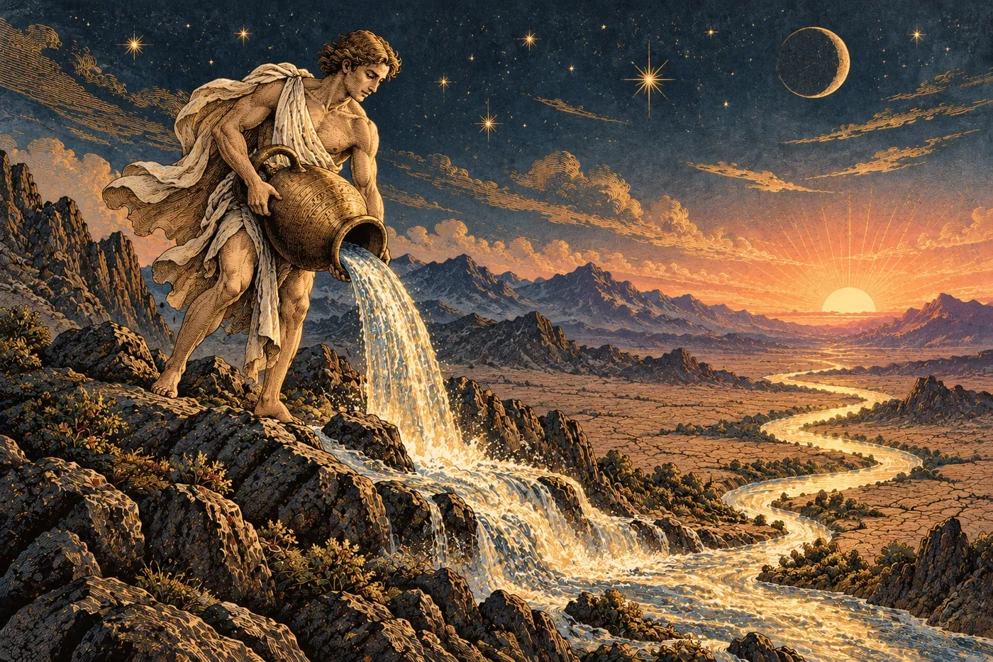 Mythic water bearer pouring a large vessel across a rocky mountain landscape at sunrise beneath stars and a crescent moon