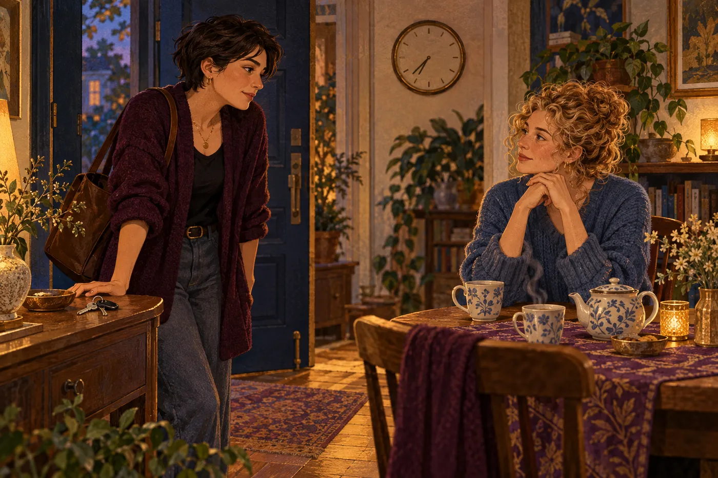 Two women return to a calm conversation with keys set aside, tea prepared, and a clock in view