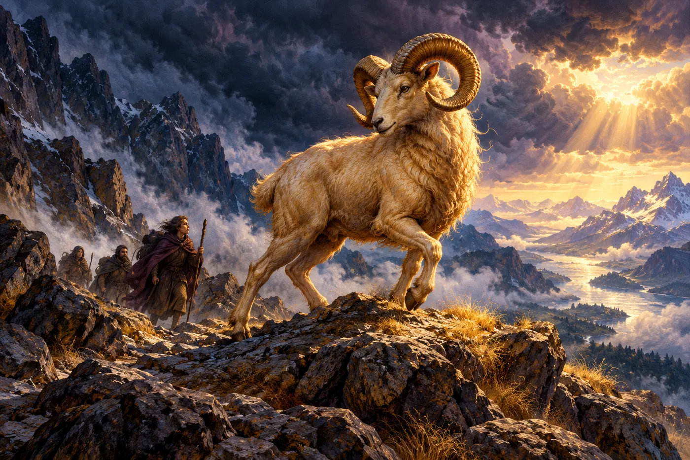 A golden ram looks back toward fellow travelers while crossing a stormy mountain pass.
