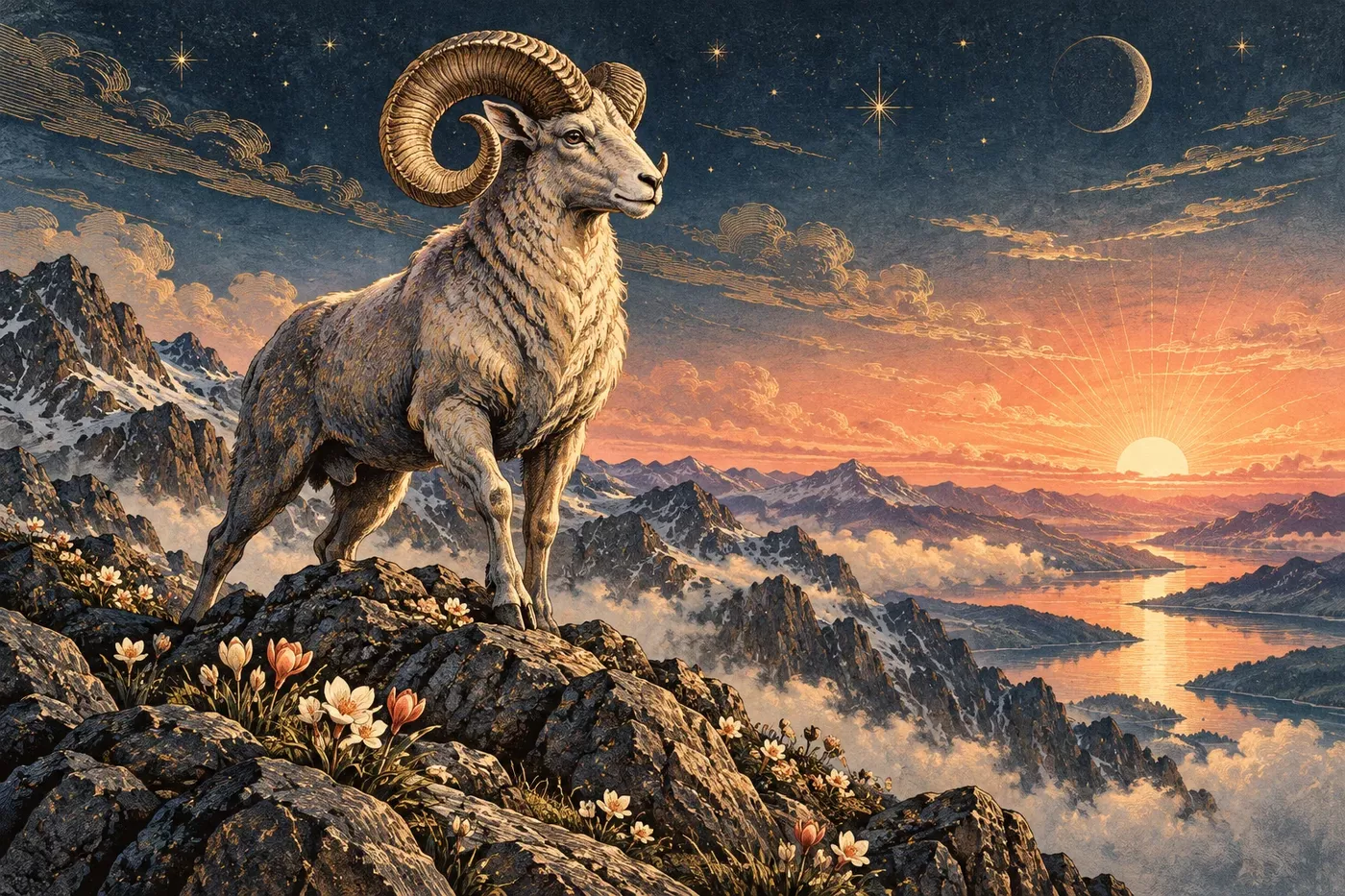 Golden ram standing on a high mountain ridge at sunrise beneath a star-filled sky