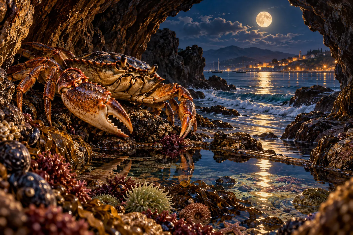 A crab guards a moonlit tide pool in a sheltered sea cave facing harbor lights.
