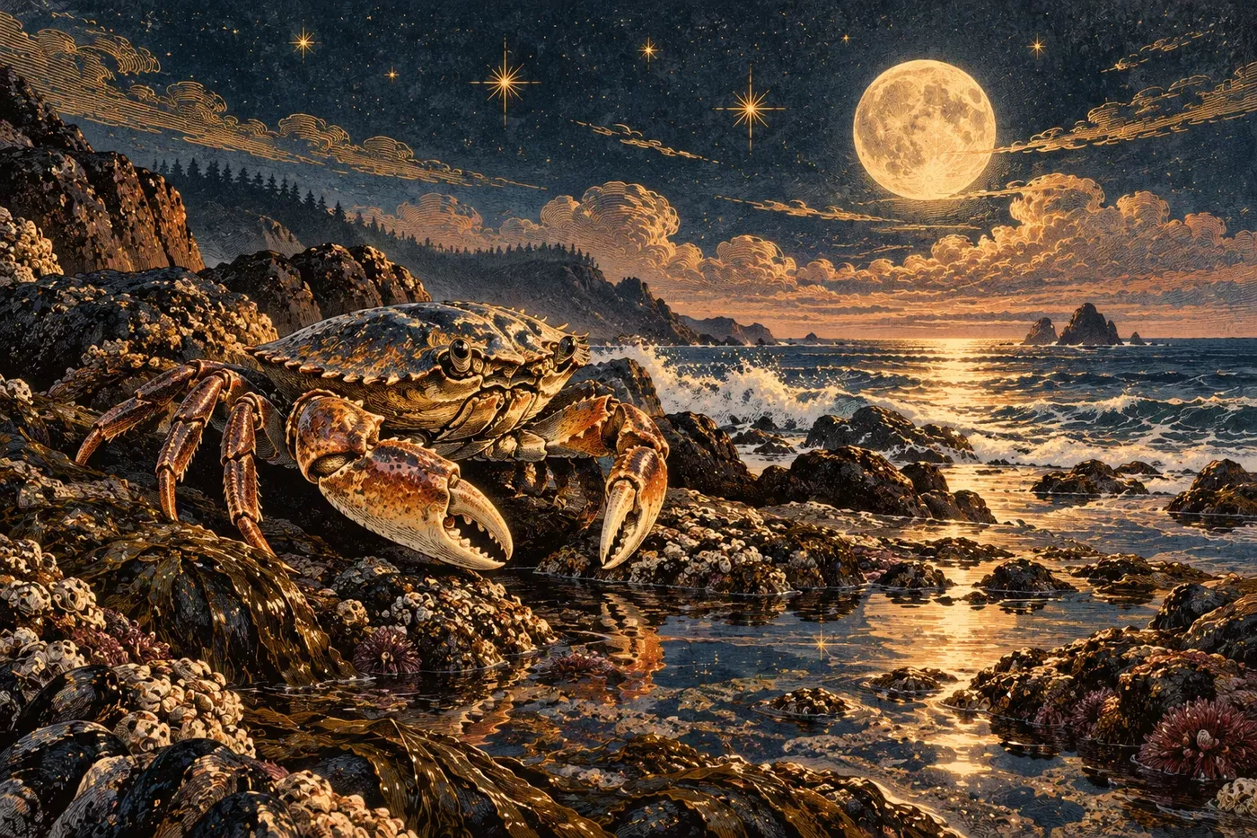Large golden crab in a rocky tidal pool beneath a full moon and stars