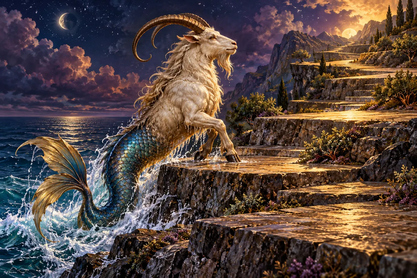 A sea-goat climbs from the tide toward stone terraces with places to pause.
