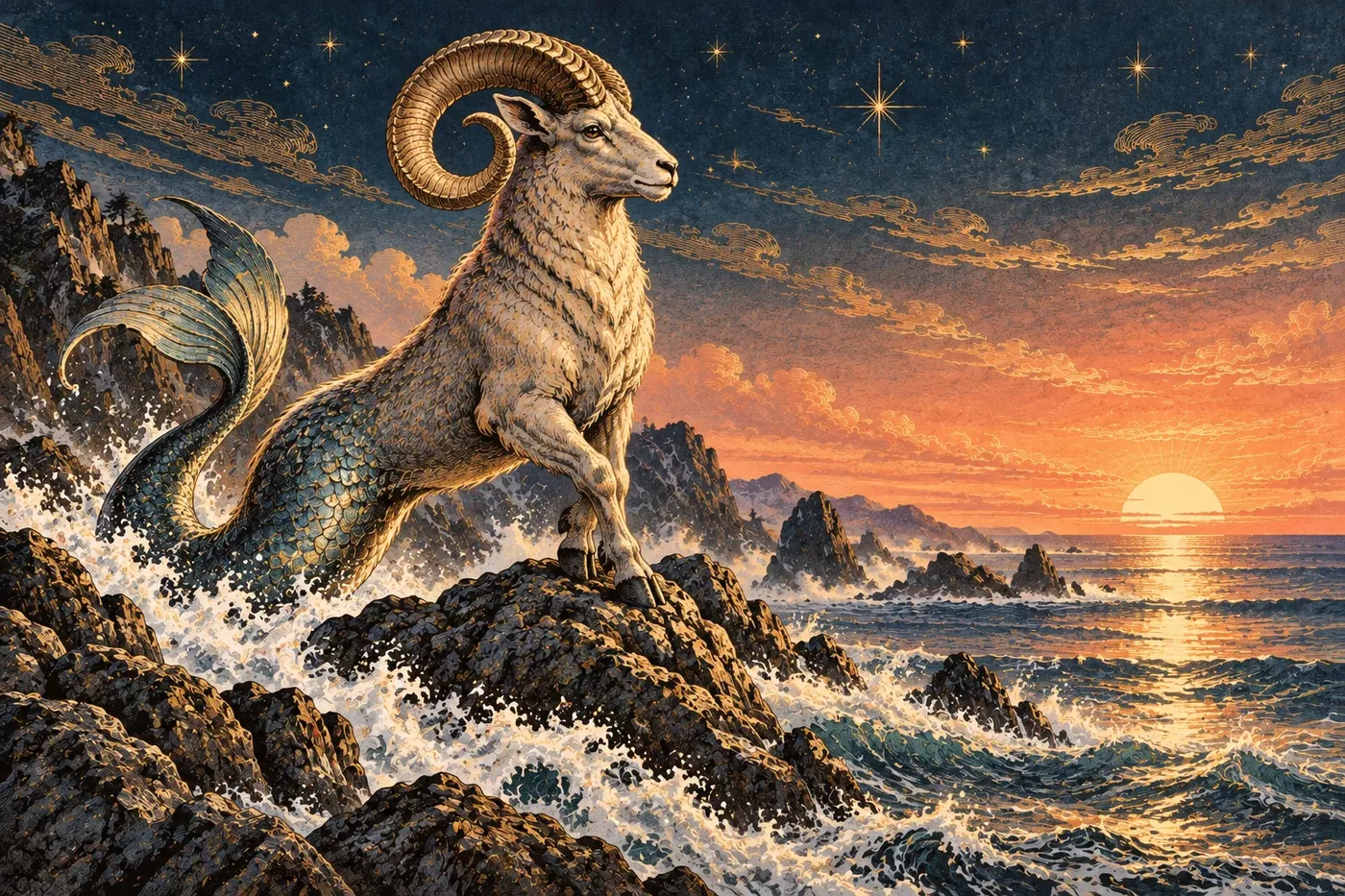 Mythic sea-goat with curled horns and a fish tail rising among ocean rocks at sunrise