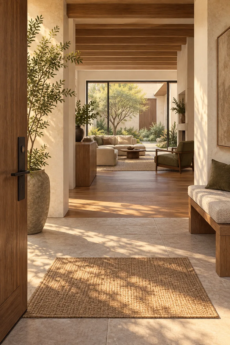 Contemporary home threshold opening onto a clear interior path, supported seating, and a sheltered courtyard view