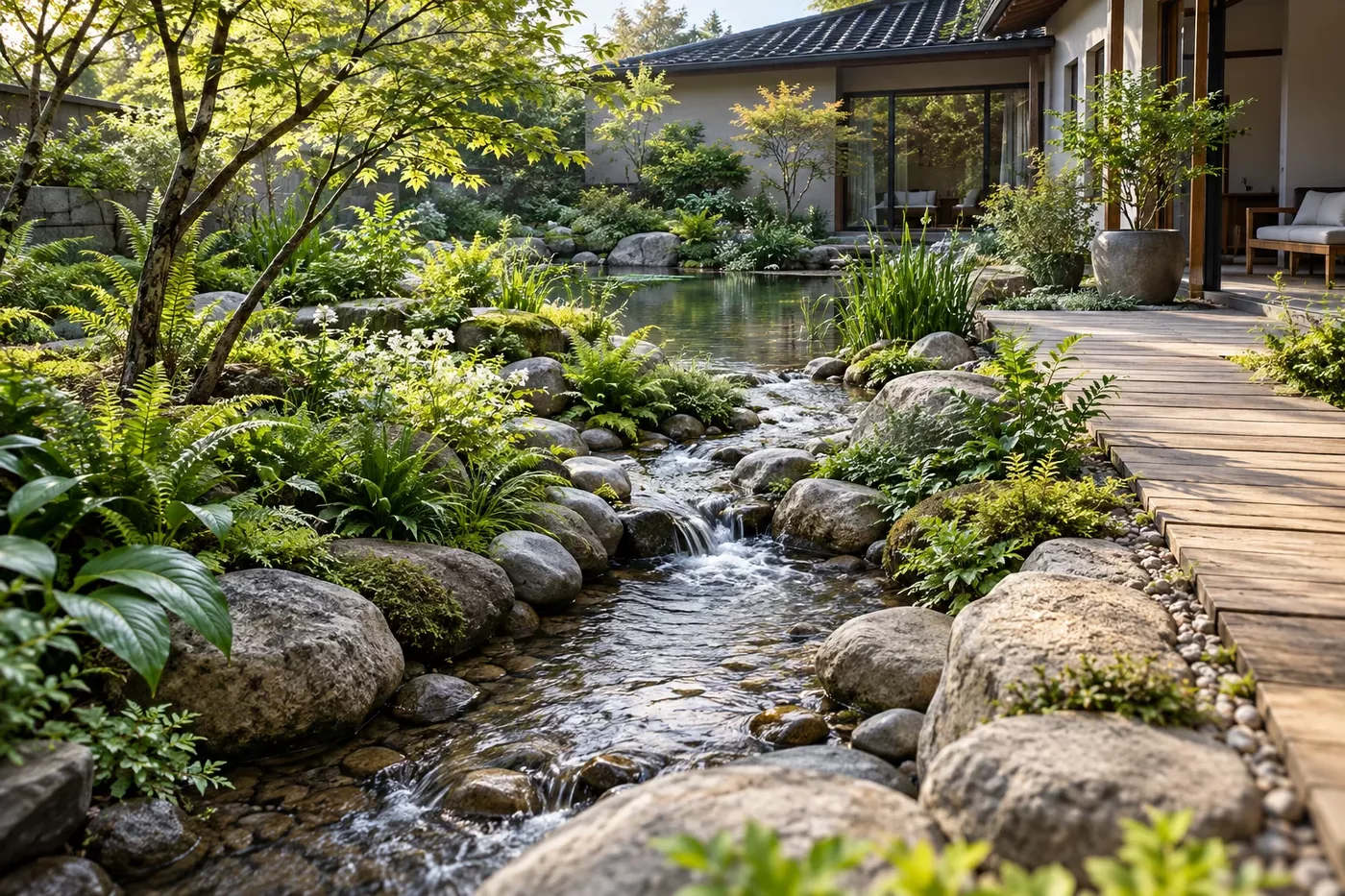Illustrative AI-generated courtyard with a shallow pond and stream, large stones, layered planting, a timber path, and sheltered seating beside a house