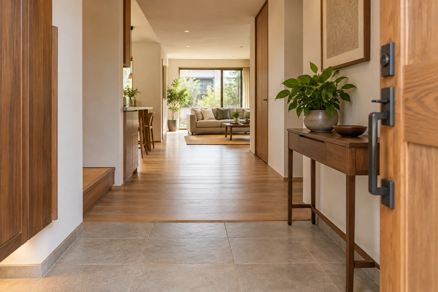 Illustrative AI-generated view from an open front door through a clear entry hall toward a living room, with a console table and plant beside the walking path