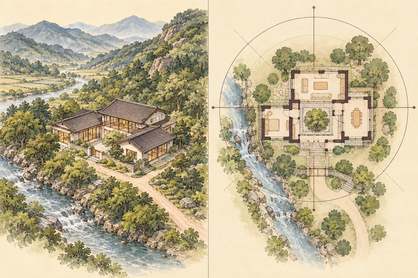Split illustration comparing a house viewed through surrounding landforms and paths with a house viewed through a directional planning grid