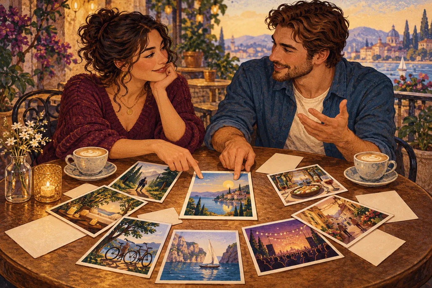 Two adults discuss illustrated weekend options at a café and point toward one shared choice