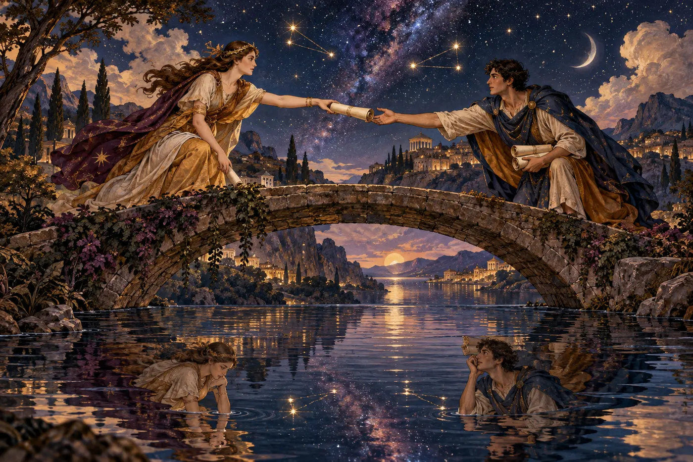 Two figures exchange a scroll from opposite sides of a bridge above reflective water.