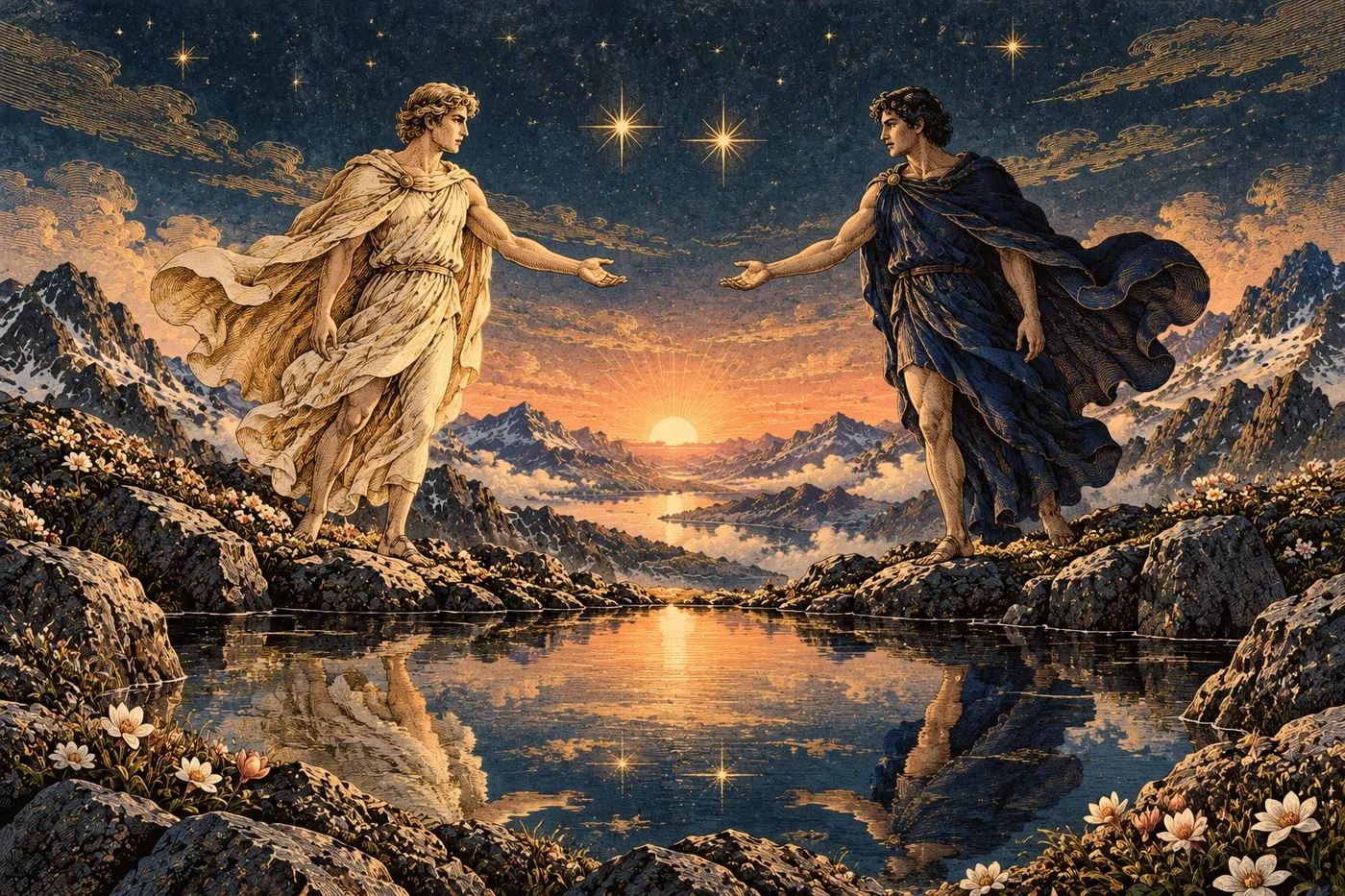 Two robed mythic figures reaching toward each other across a reflecting pool at sunrise beneath paired stars