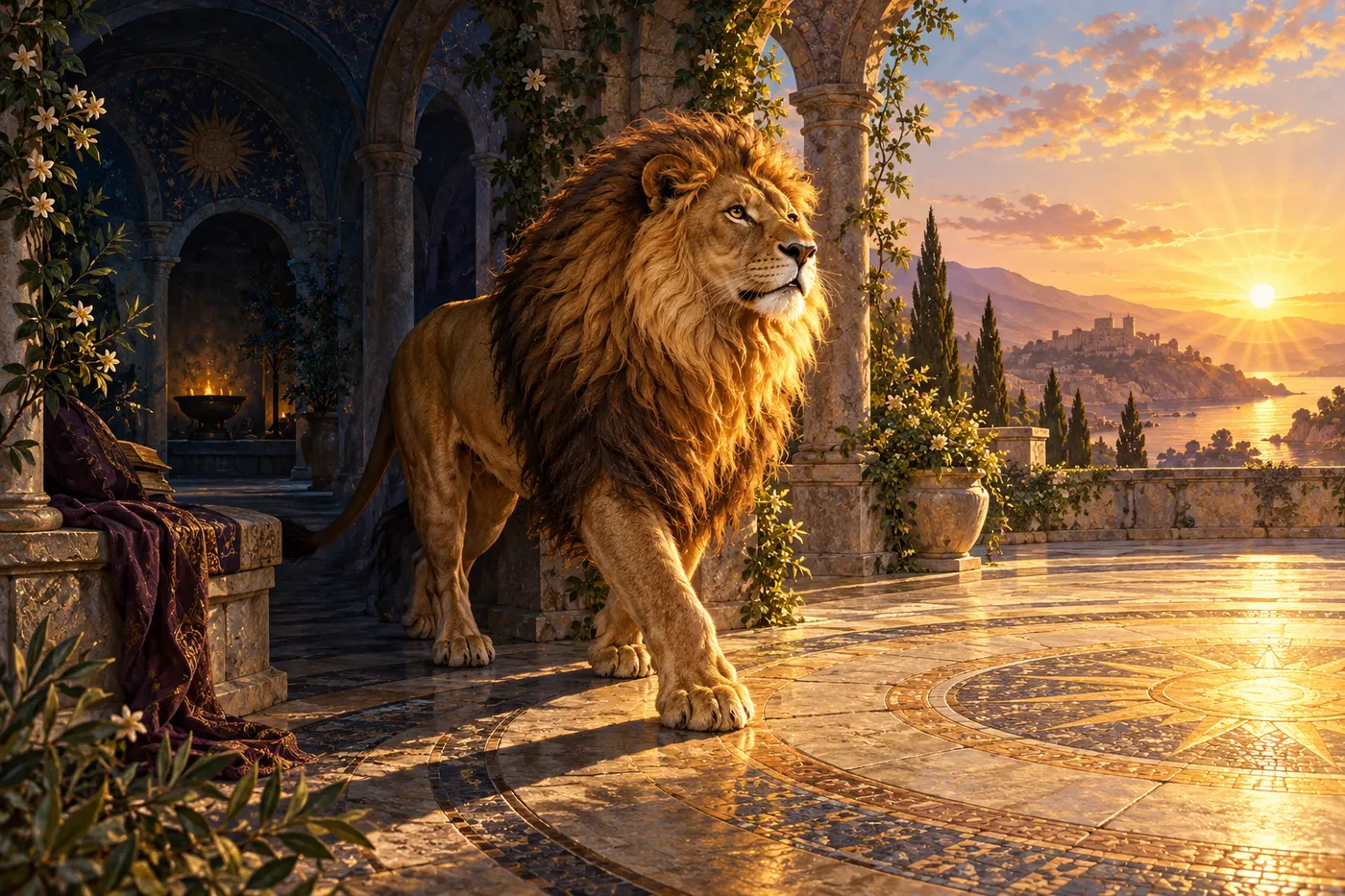 A lion steps from a shaded cloister into a sunlit circular plaza.