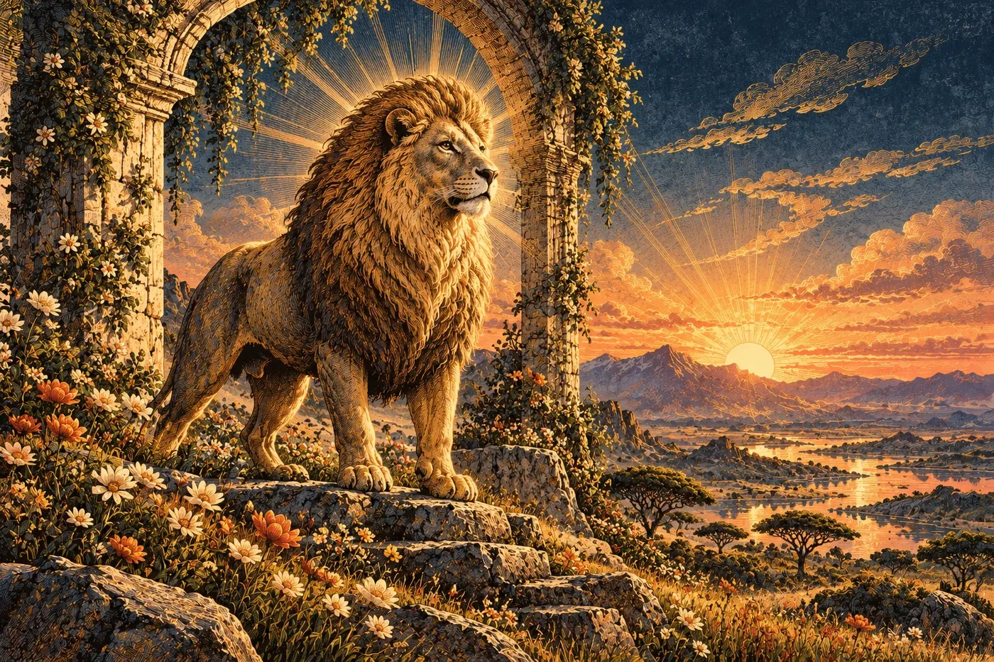 Lion standing beneath a vine-covered stone arch overlooking mountains at sunrise