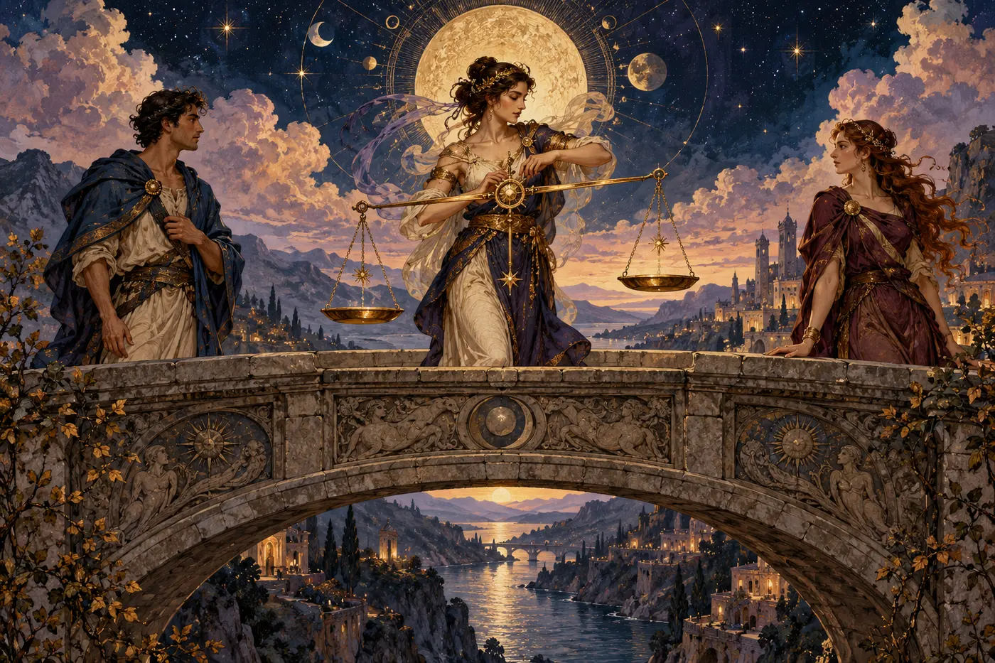A figure adjusts an uneven scale on a bridge between two people standing apart.