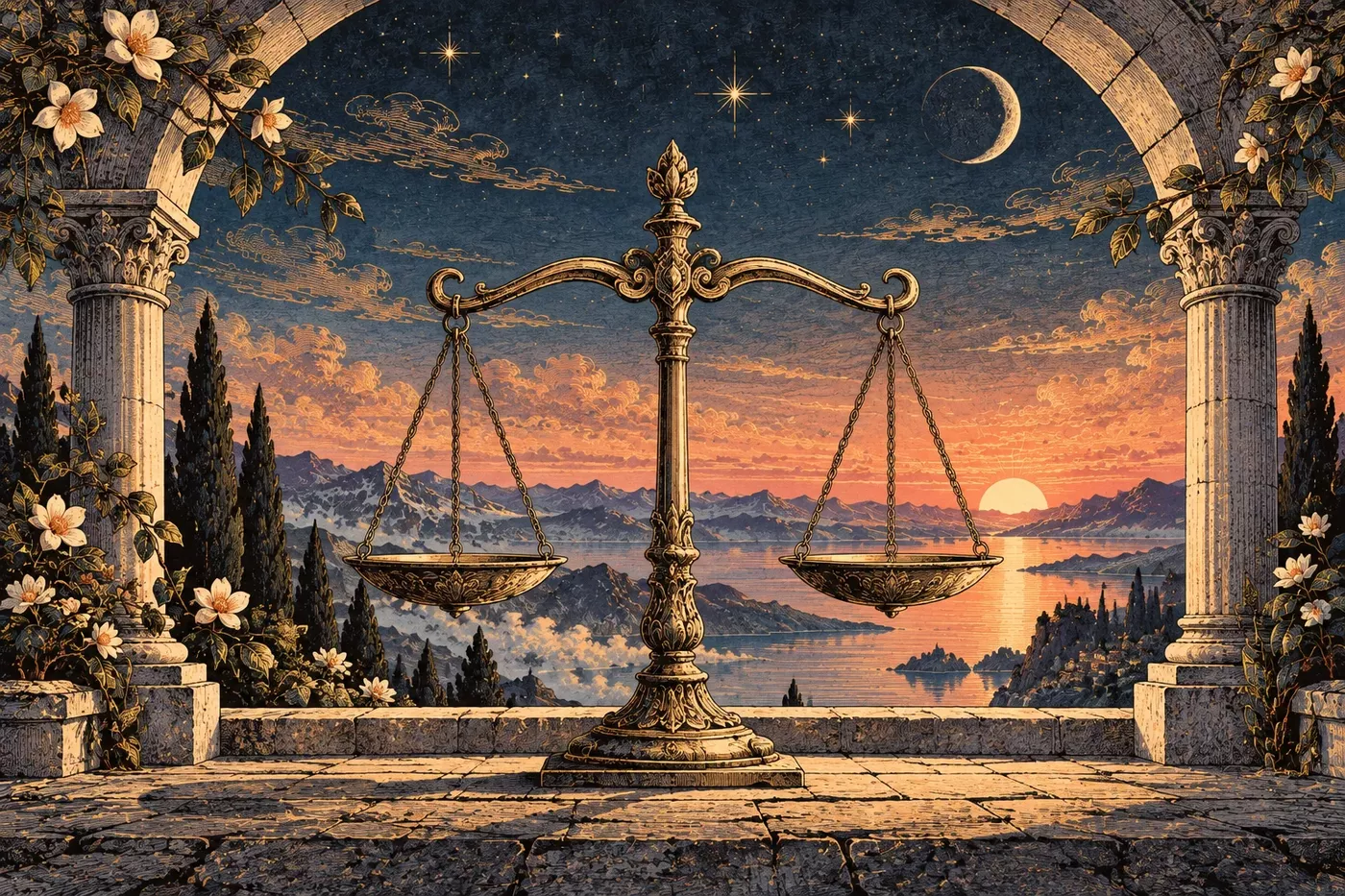 Ornate balance scales between flowered stone columns overlooking a mountain lake at sunrise