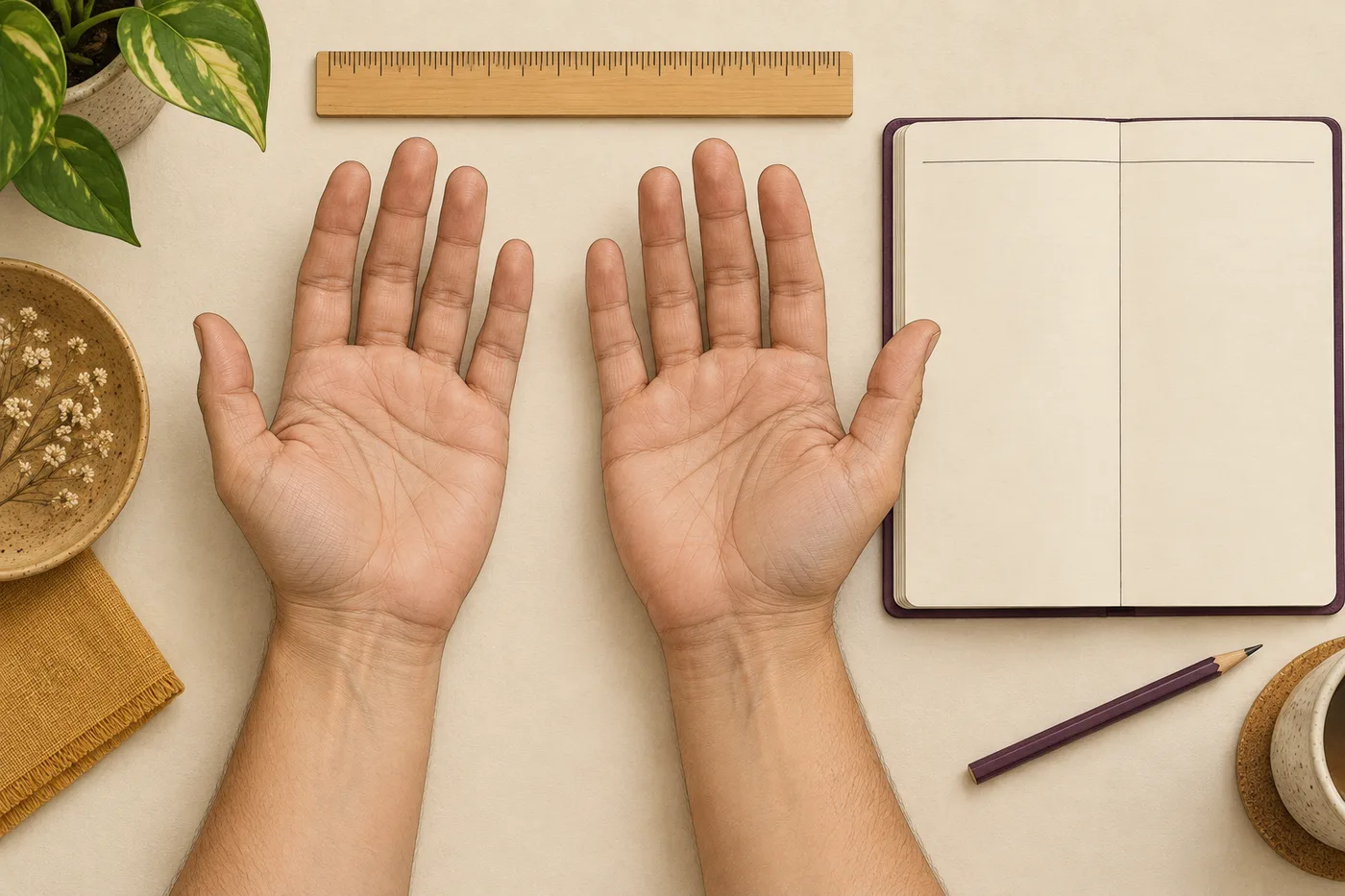 Two relaxed palms observed side by side under matching light beside a ruler and a blank notebook
