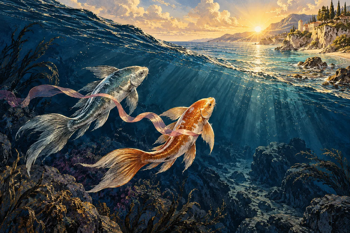 Two fish linked by a loose ribbon swim through deep water toward a sunlit shore.