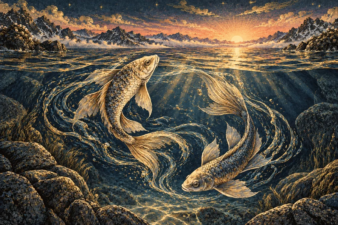 Two fish circling through dark blue water beneath a glowing sunset and starry sky