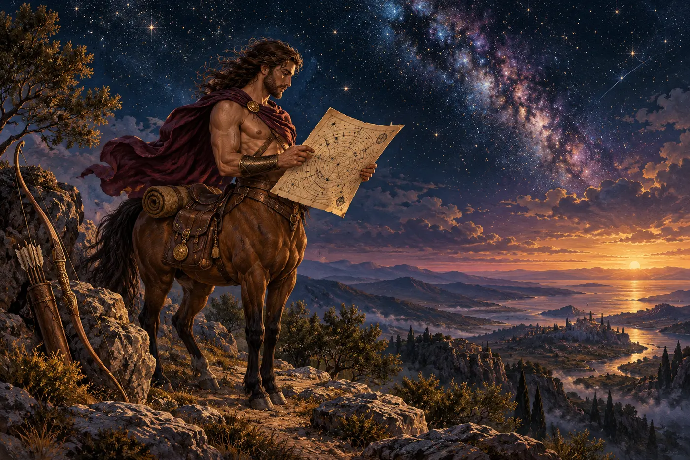 A centaur reads a star map beside a resting bow above a distant horizon.