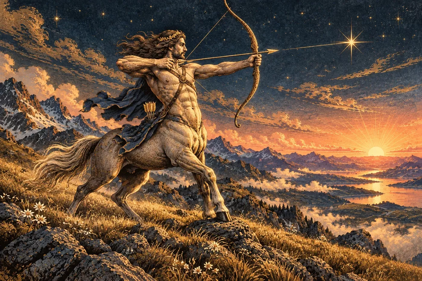 Centaur archer drawing a bow on a mountain ridge beneath stars and a glowing sunset