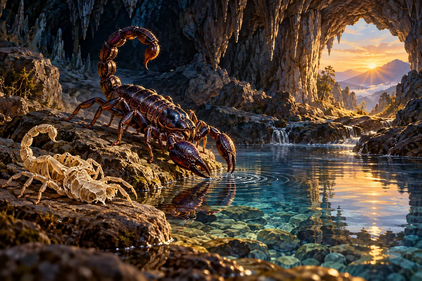 A scorpion approaches a cave spring beside its shed shell as dawn enters.