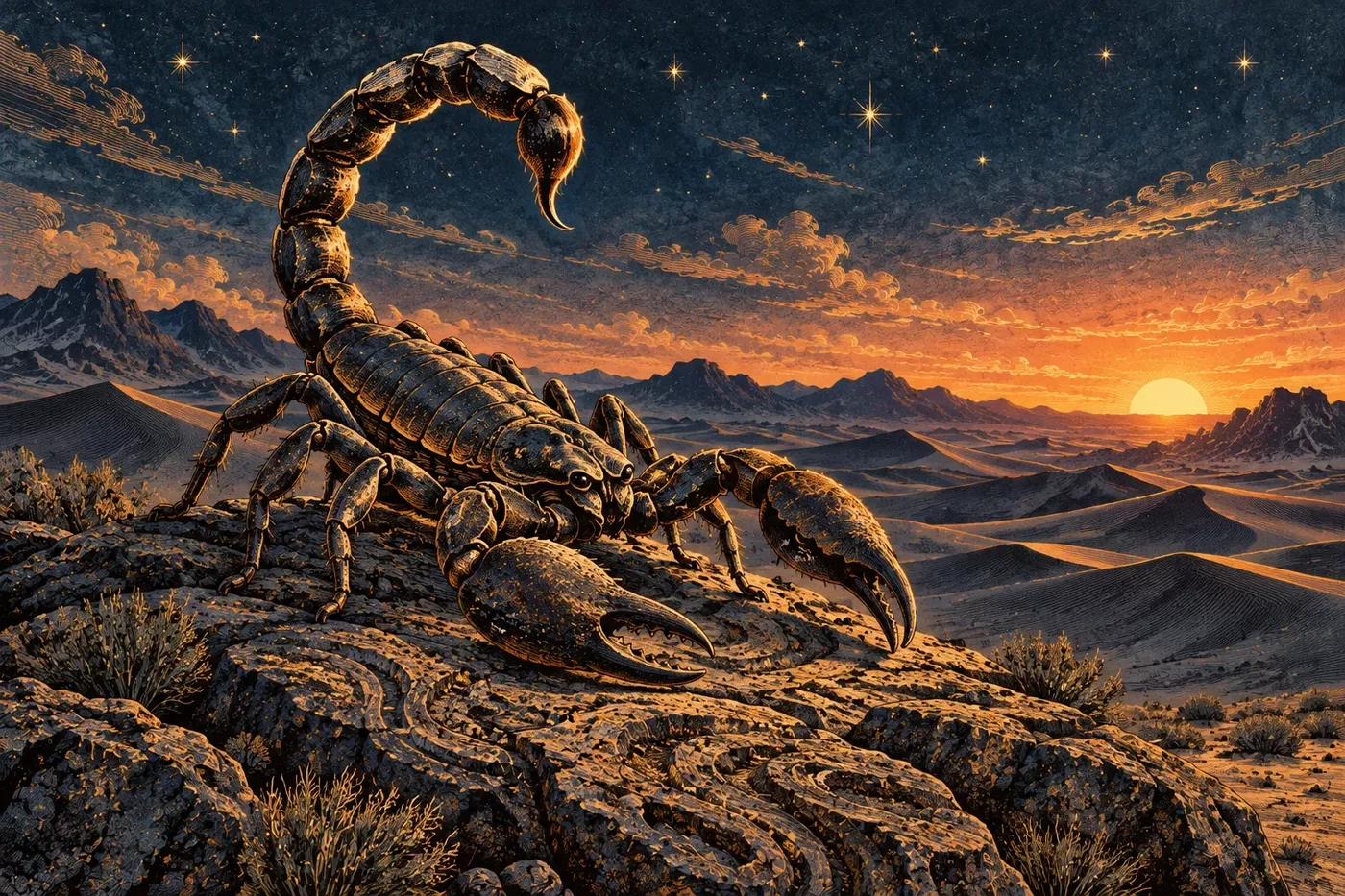 Large golden scorpion on rugged desert rocks beneath stars and a red-orange sunset