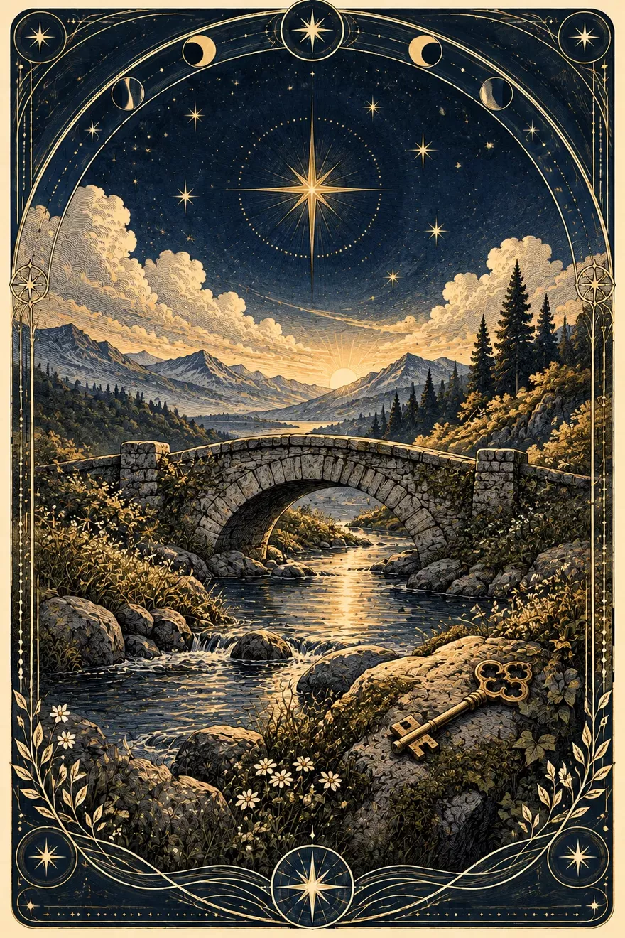 Original tarot-inspired illustration of a stone bridge over a stream, with a key on the bank beneath a bright star and moon phases
