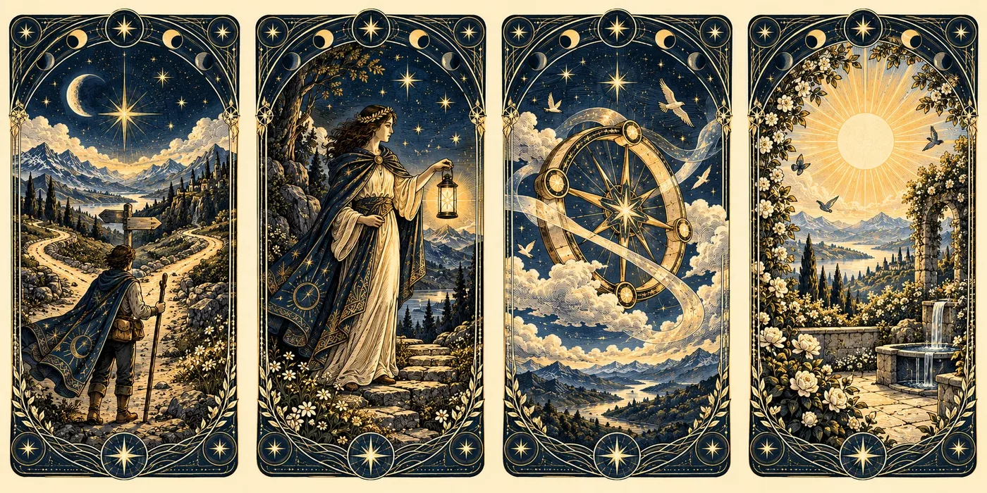 Four original tarot-inspired archetype cards showing a traveler at a forked road, a lantern-bearing guide, a celestial wheel, and a sunlit garden