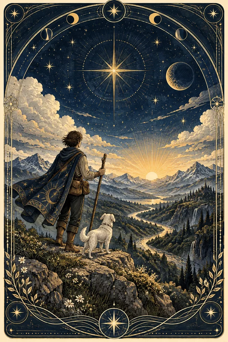 A traveler and a white dog overlooking a mountain valley beneath stars and moon phases in an ornate tarot-inspired frame