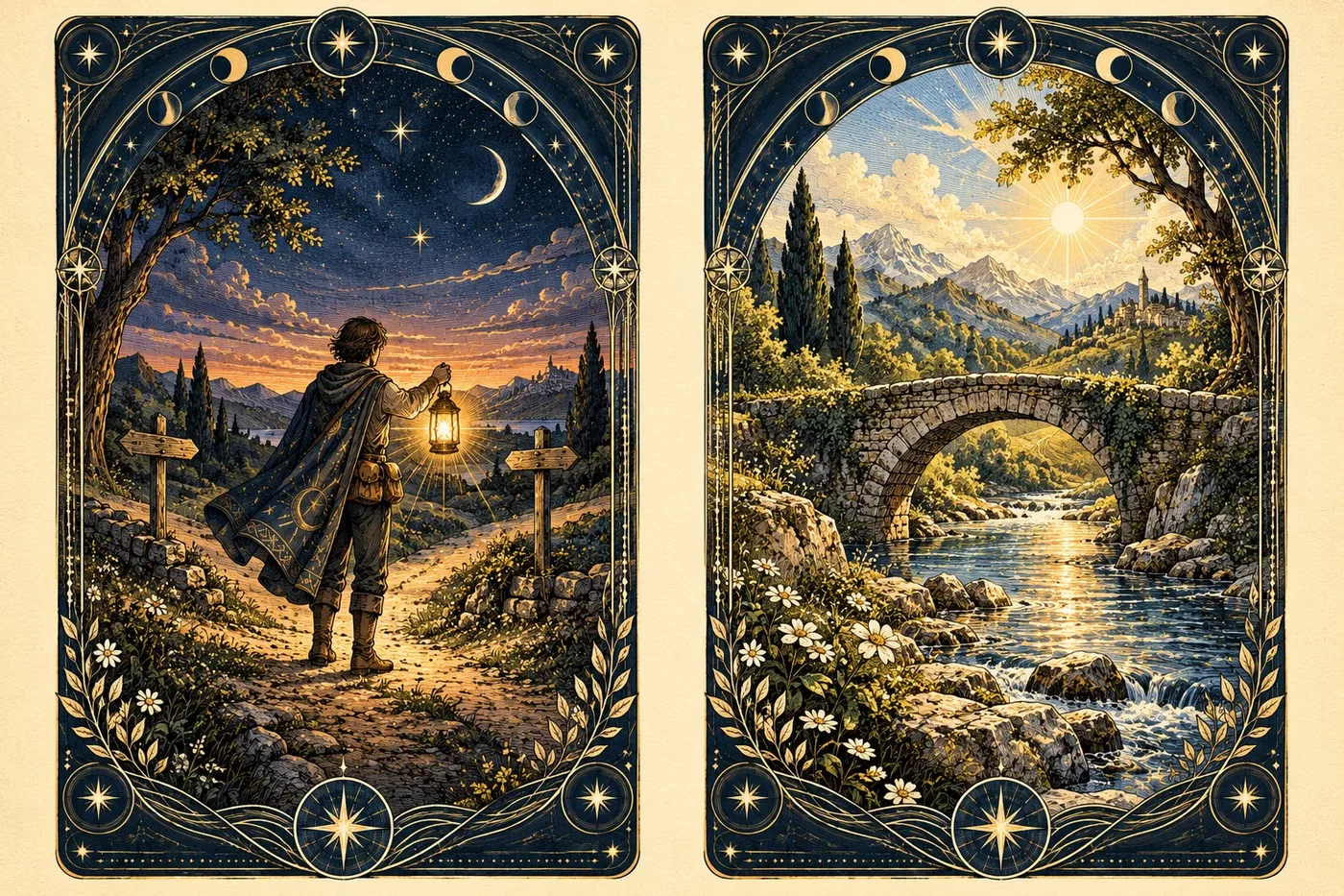 Two original tarot-inspired cards showing a traveler with a lantern at a crossroads and a sunlit stone bridge over a stream