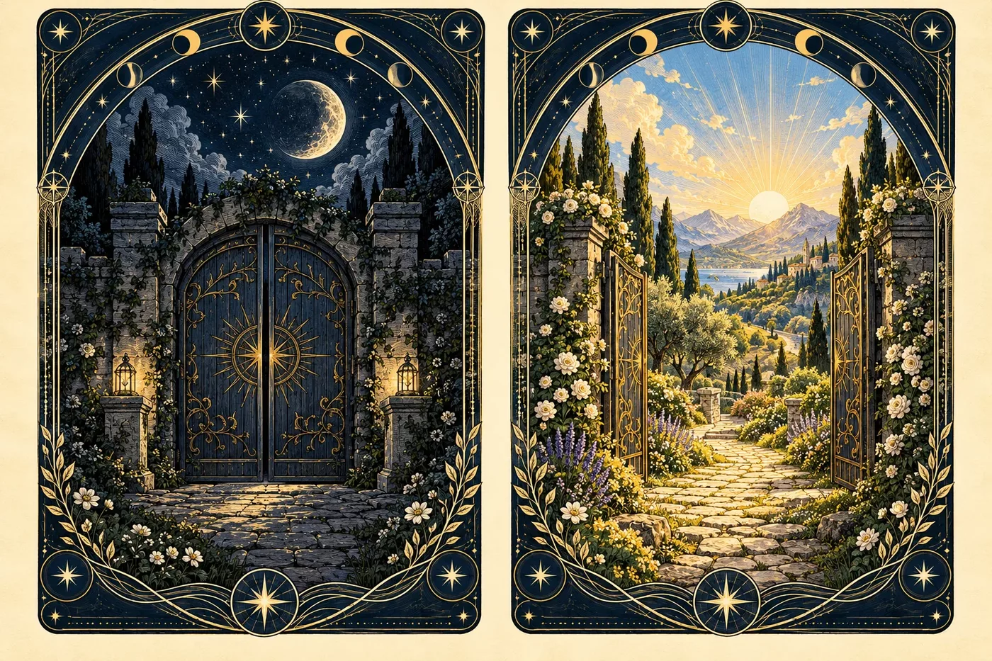 Two original tarot-inspired cards showing a closed gate beneath a crescent moon and an open gate toward a sunlit mountain path
