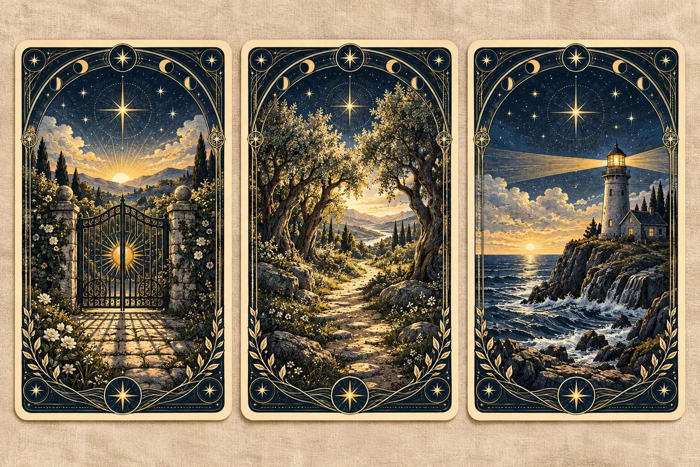 Three original tarot-inspired cards in a row showing a closed garden gate, an open wooded path, and a lighthouse above a rocky coast