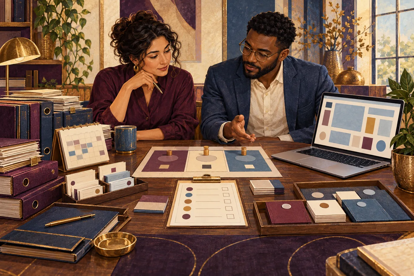 Two colleagues compare binders and schedules with a generic digital interface and a small pilot plan