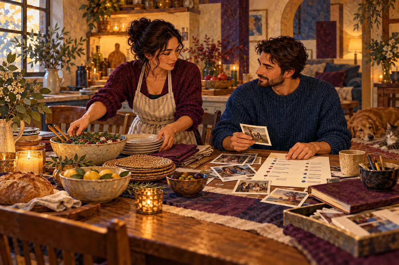 Two adults prepare a gathering in a home kitchen, reviewing food, seating, photographs, and a guest plan
