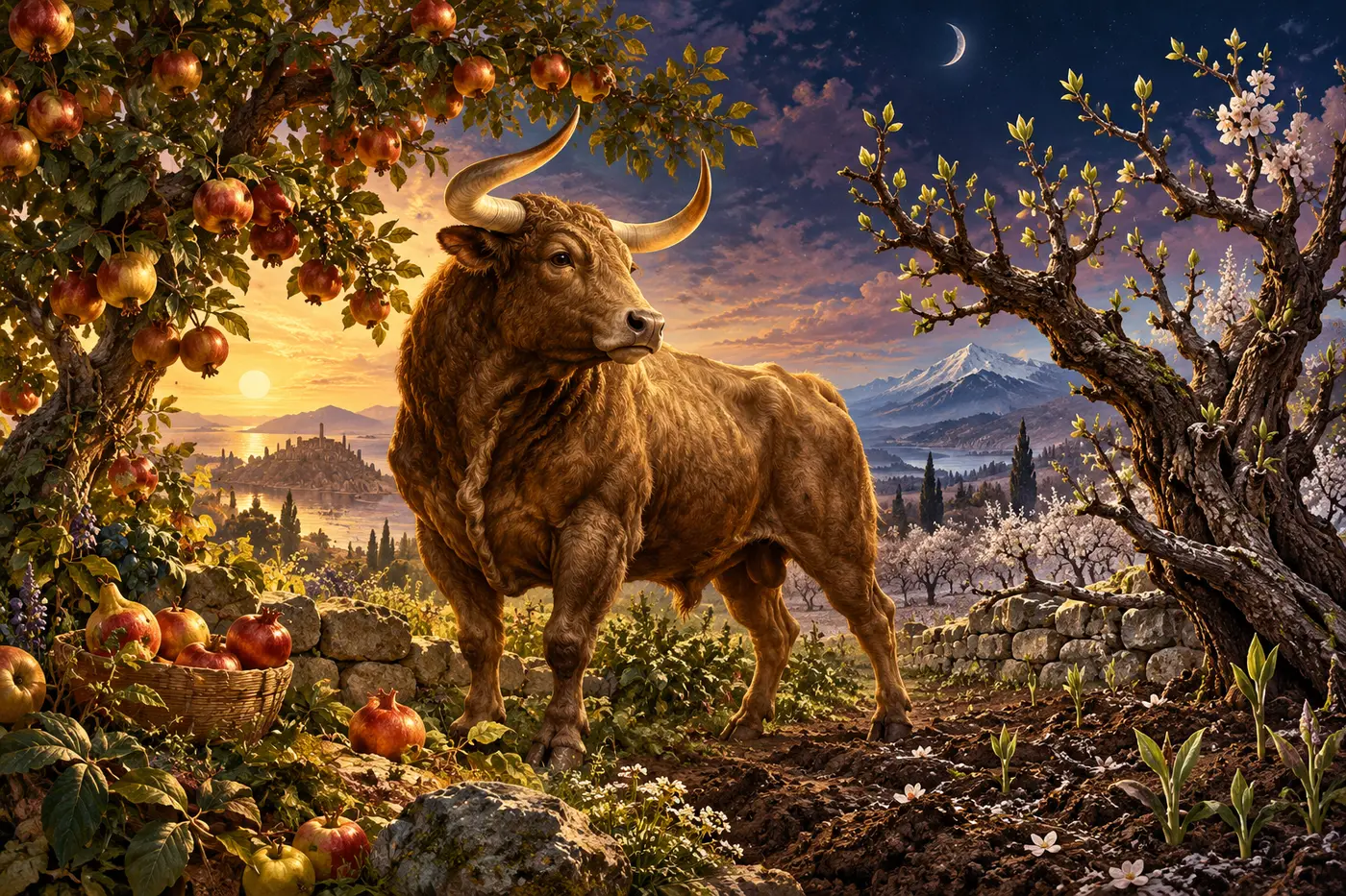 A bull stands between fruiting and budding trees in an orchard crossing seasons.