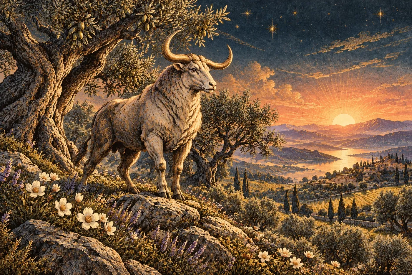 Powerful bull standing among olive trees in a rocky landscape beneath stars and a crescent moon
