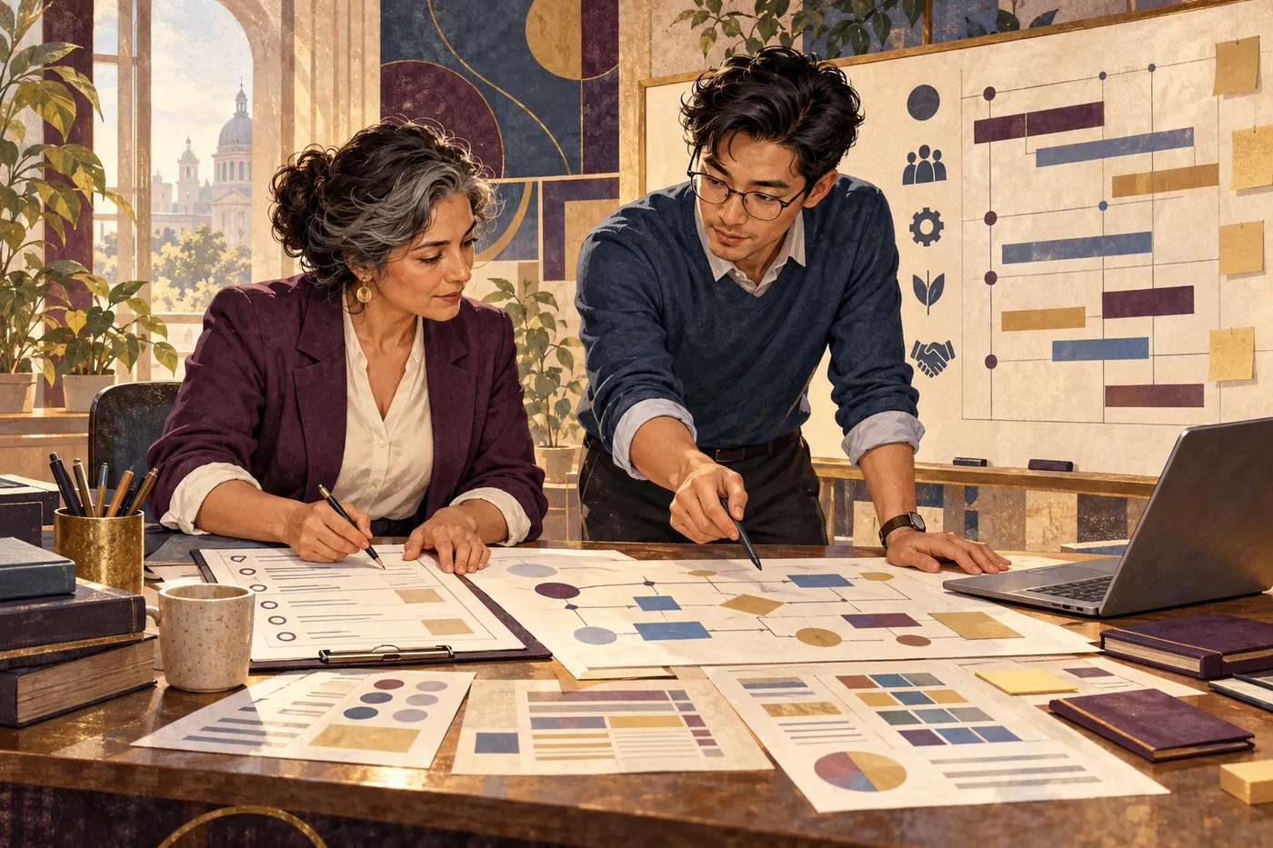 Two colleagues review service launch checklists, workflow drawings, and a project timeline together