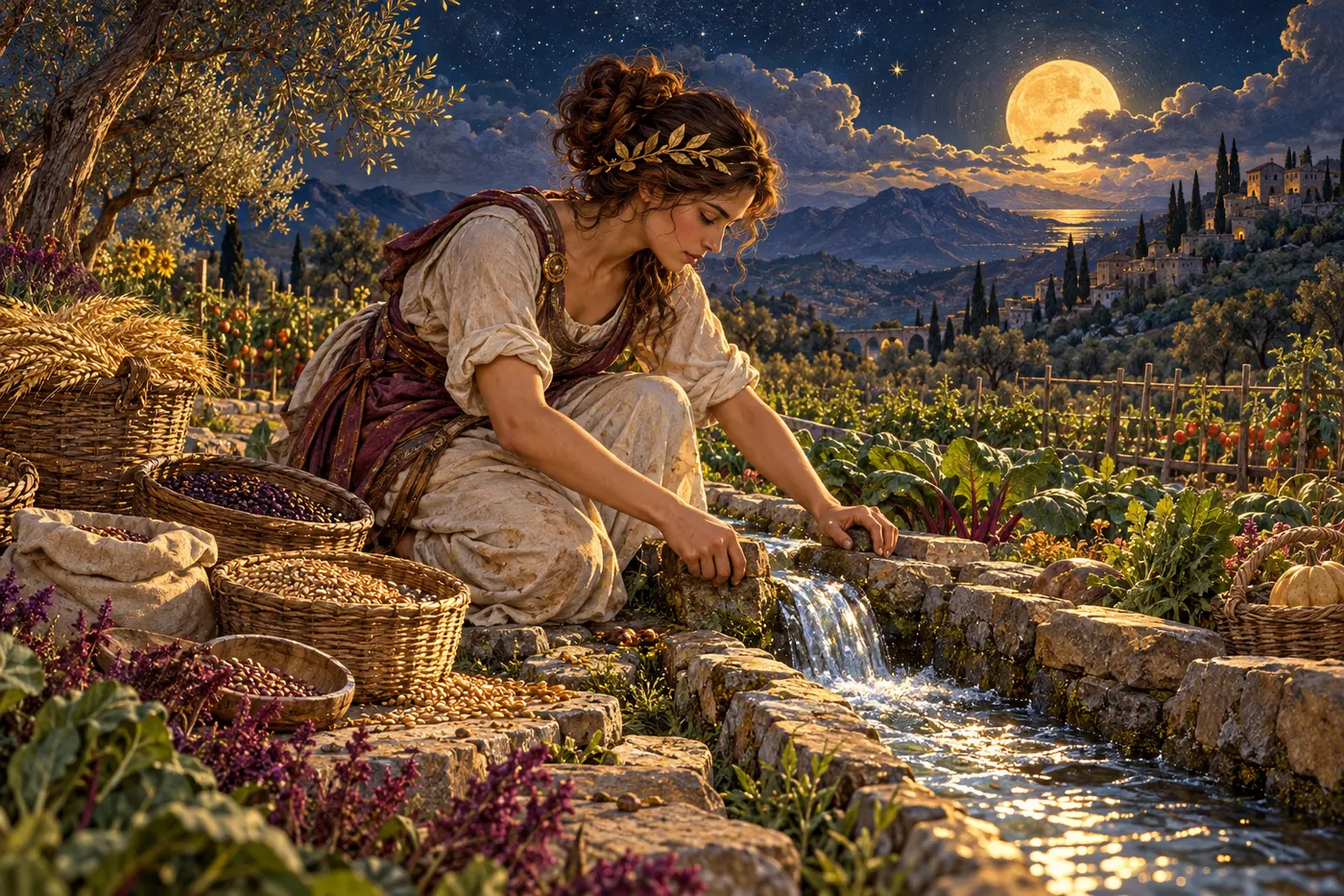 A harvest worker repairs an irrigation channel beside sorted seeds and growing fields.