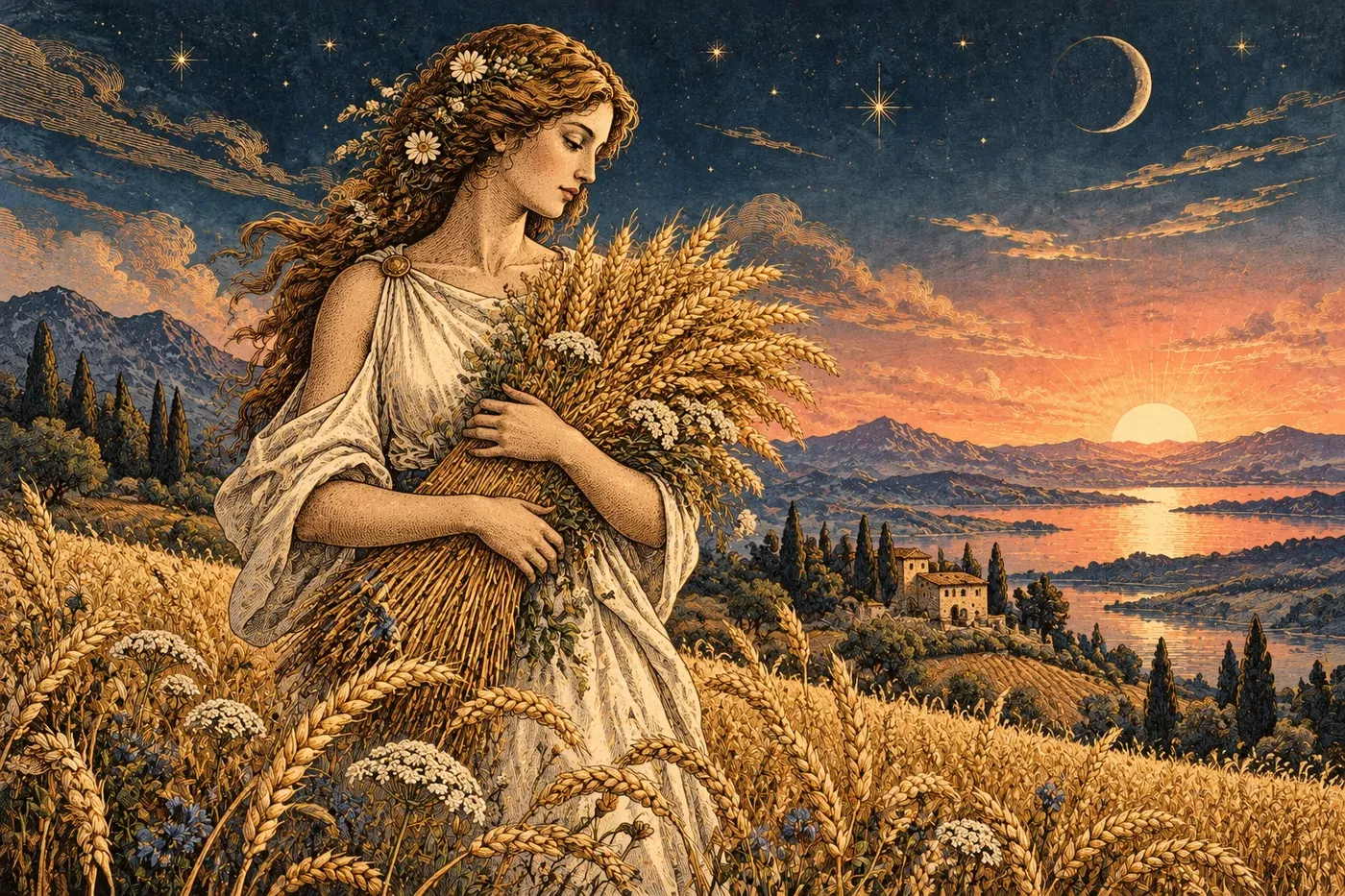 Robed harvest figure holding a sheaf of wheat in a sunlit field beneath a starry sky